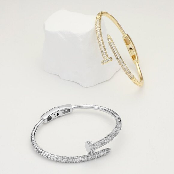 CZ Stone Paved Nail Hinged Bangle Bracelet in Rhodium - Picture 2 of 3